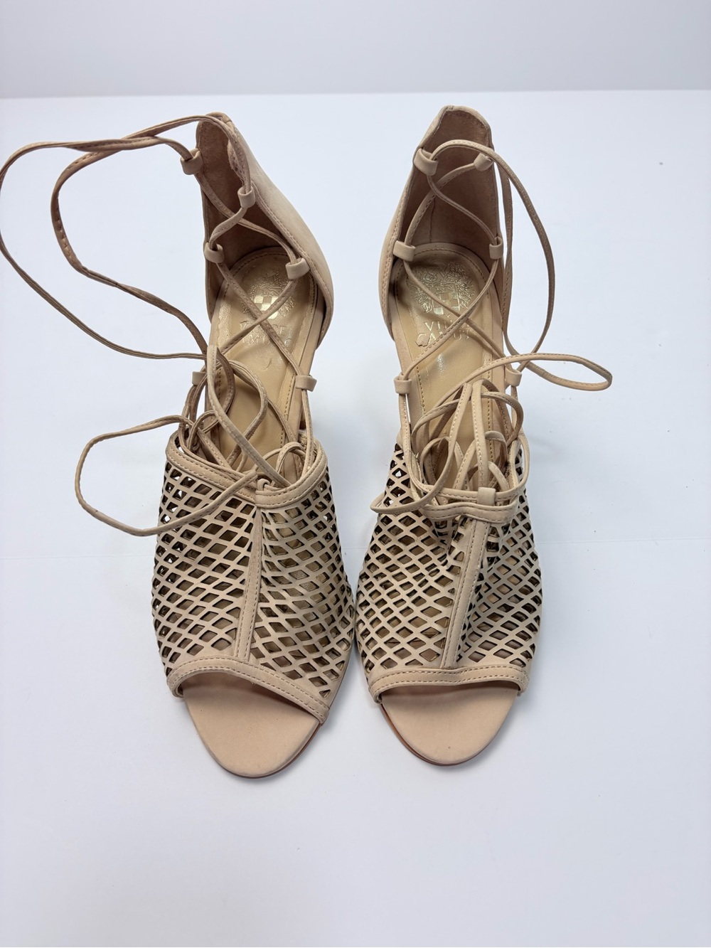 Vince Camuto Beige Lace-Up Peep Toe Heels - Women's Fashion Sandals heels 4 inch